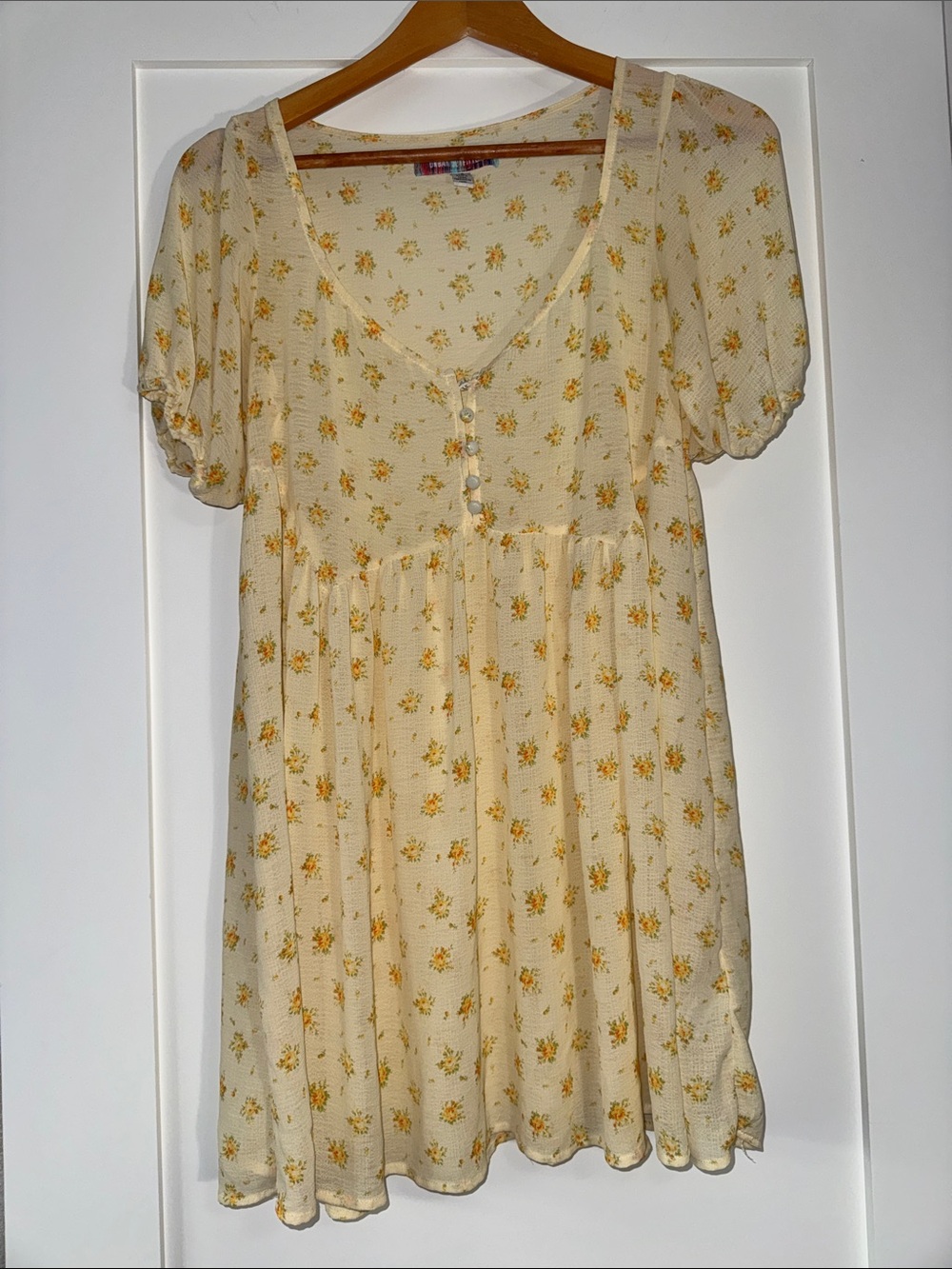 Urban Outfitters Sheer Yellow Cream Floral Button-Front Babydoll Dress Sz XS